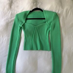 Green Ribbed Long Sleeve Crop Top
